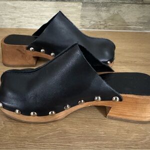 Mango Black Leather Mules with Wooden Heel